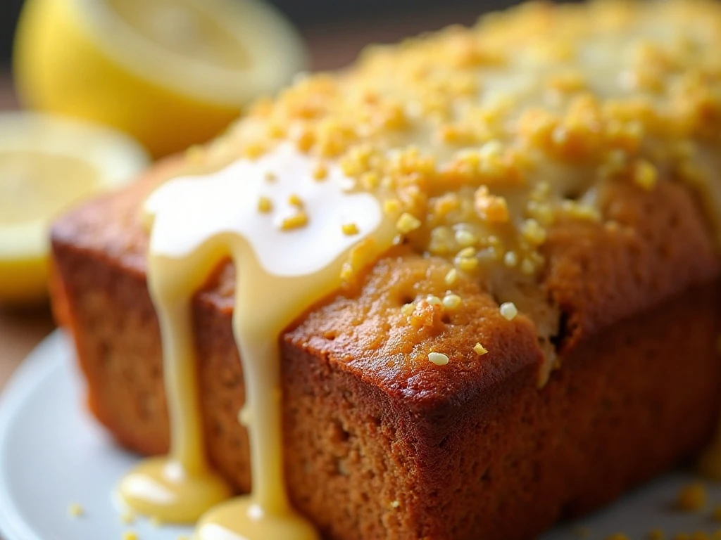 Close-up of lemon glaze, zest, and poppy seeds on the loaf