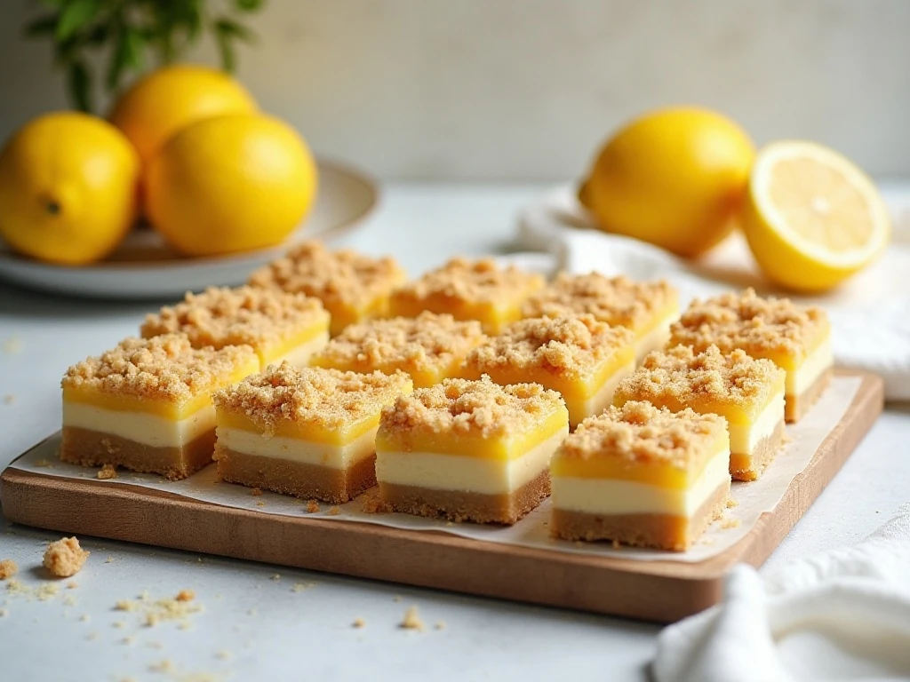 Platter of creamy lemon graham crumble bars with golden crumb topping
