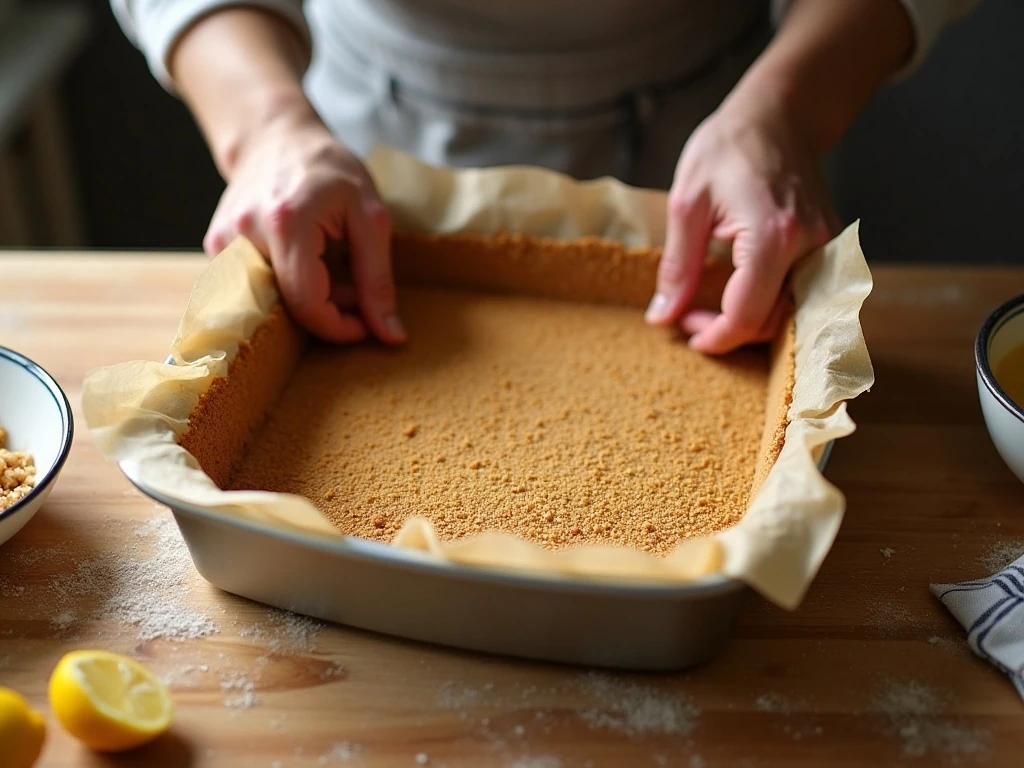 Pressing graham crust into a parchment-lined square pan