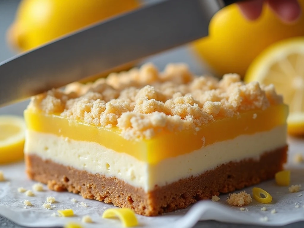 Close-up of cleanly sliced lemon crumble bar layers