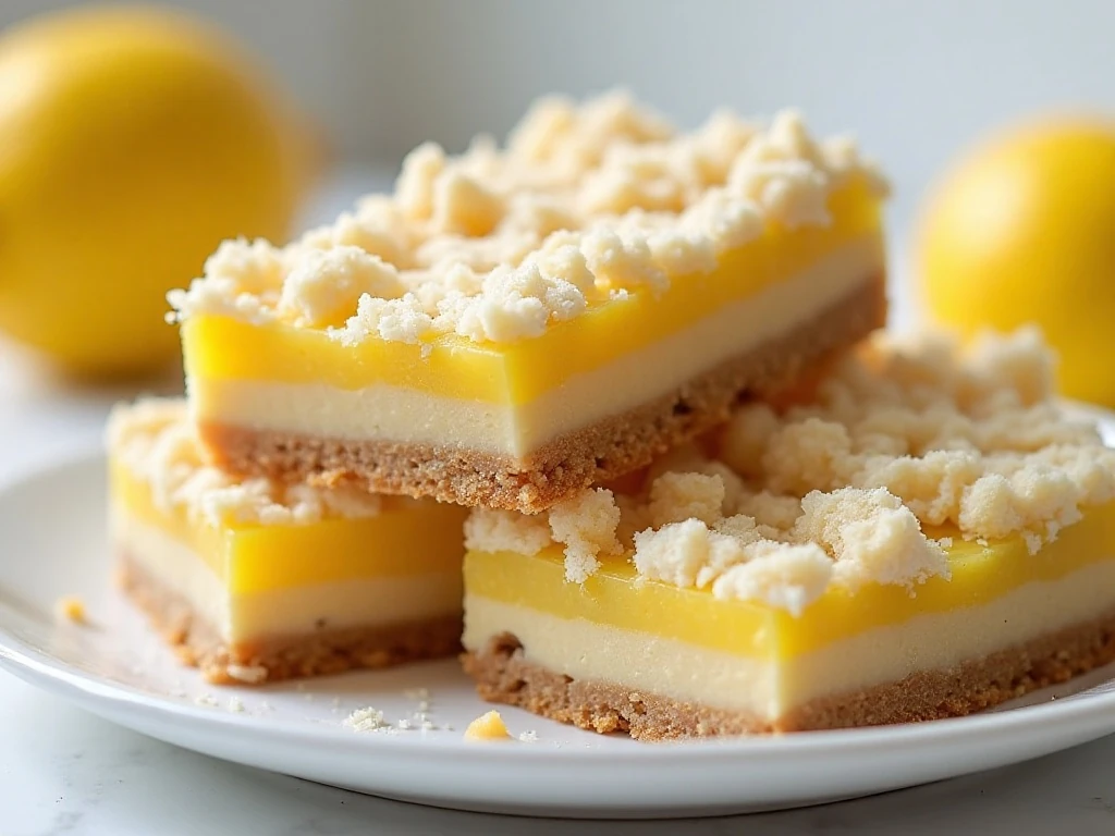 Stacked lemon graham crumble bars showing their creamy center and crumb topping