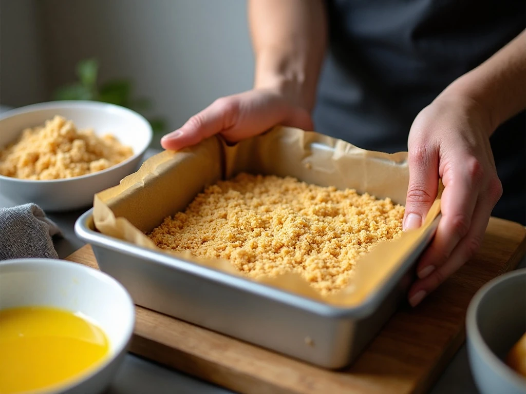 Pressing the graham cracker crust into a square baking pan