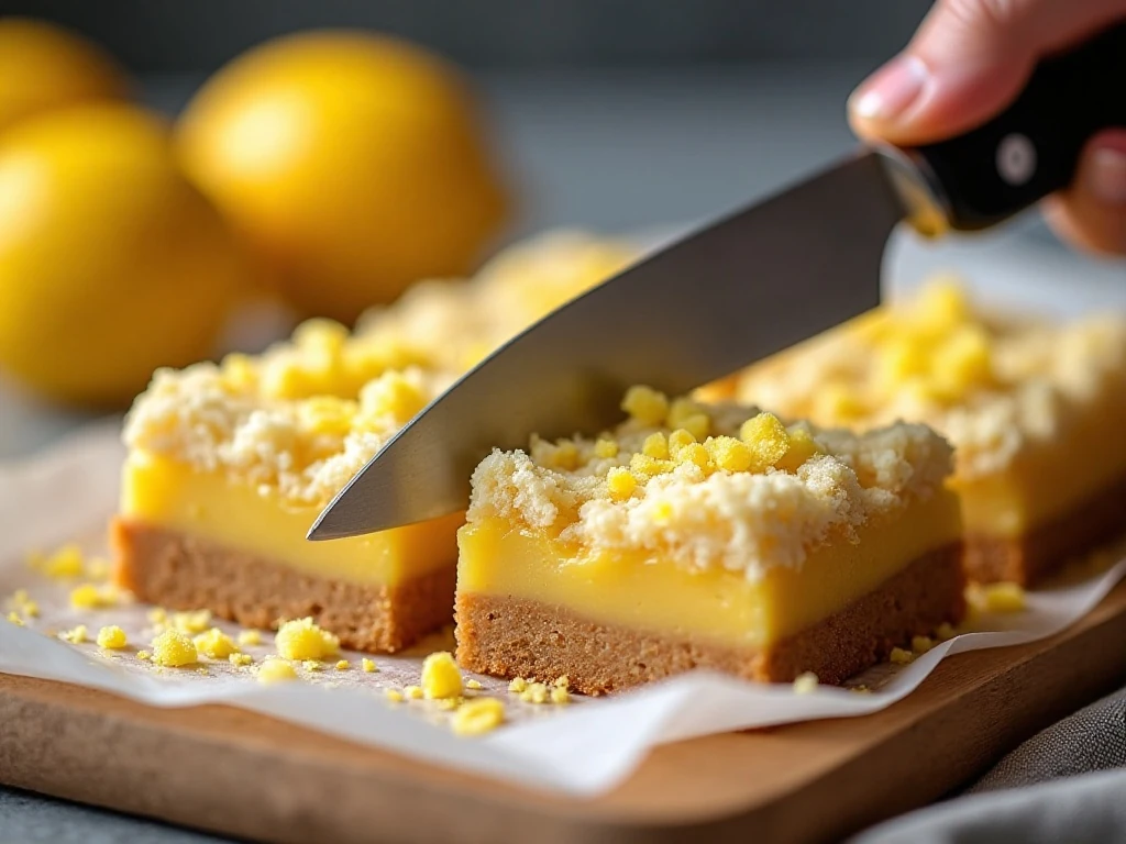 Cleanly sliced lemon crumble bar with golden crumbs and lemon zest