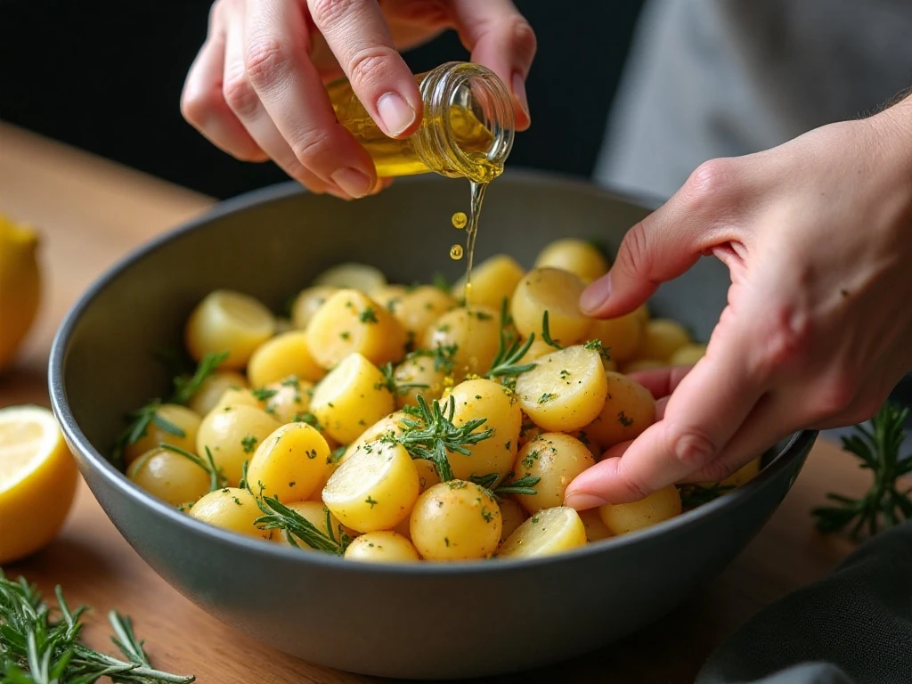 Potatoes being tossed with lemon herb seasoning before roasting