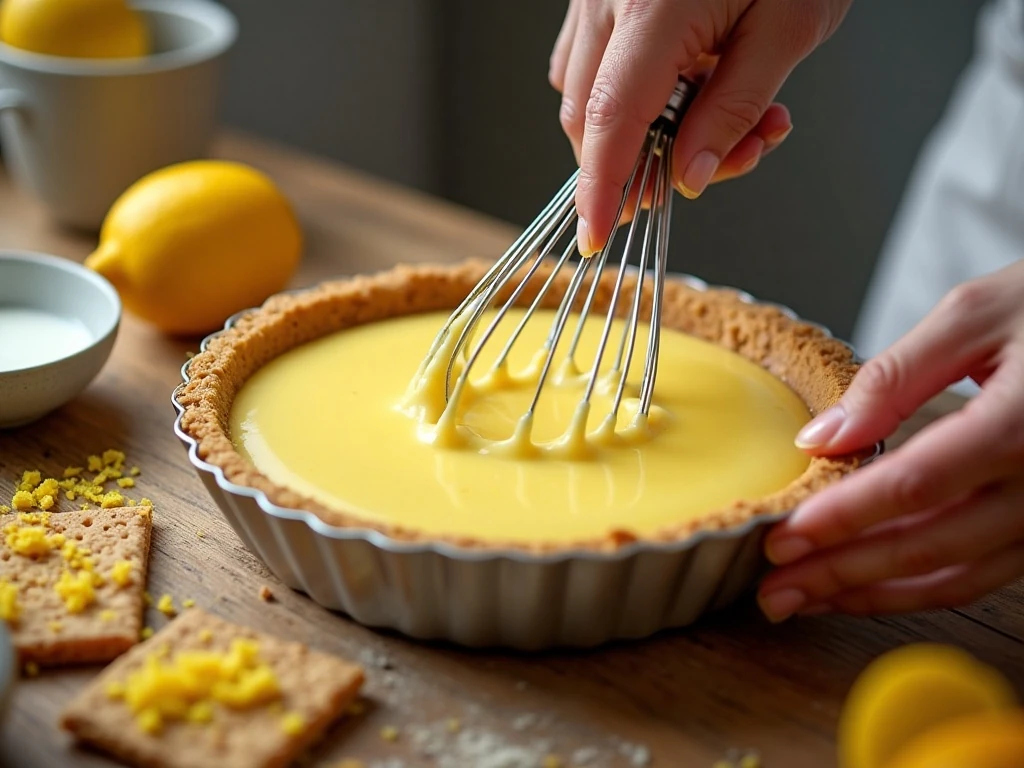 Whisking the creamy lemon filling for icebox pie