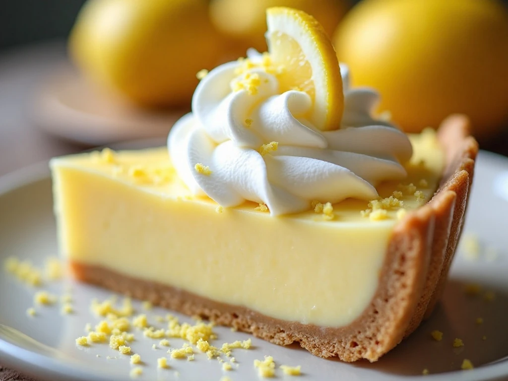 Lemon icebox pie slice with whipped cream and lemon garnish