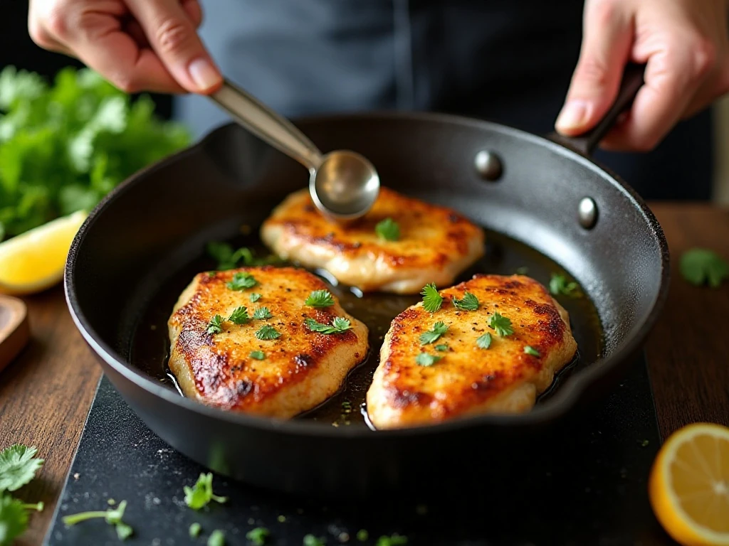 Chicken breasts searing in a cast-iron skillet