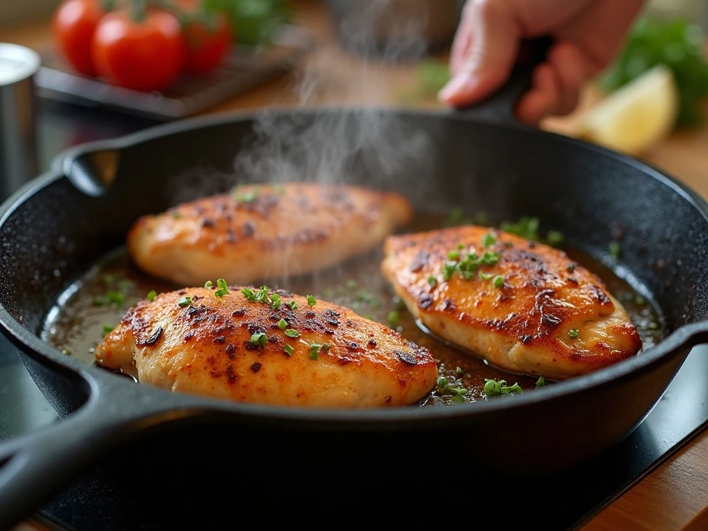 Golden chicken browning in a cast-iron pan