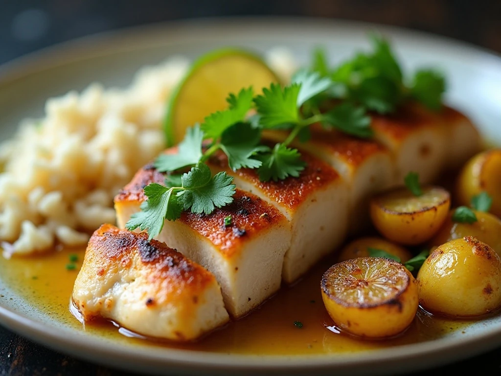 Citrus chicken garnished with cilantro and lime wedges