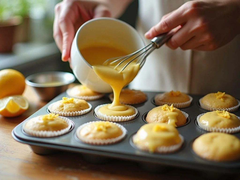 Lemon-lime cupcake batter portioned into a lined muffin pan