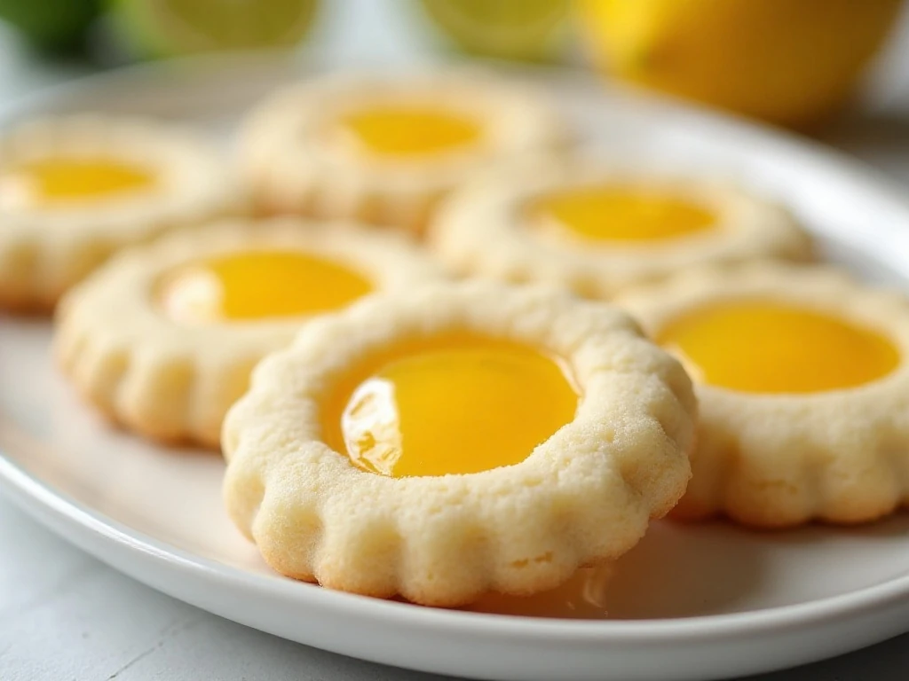 Lemon lime shortbread thumbprint cookies arranged on a serving platter