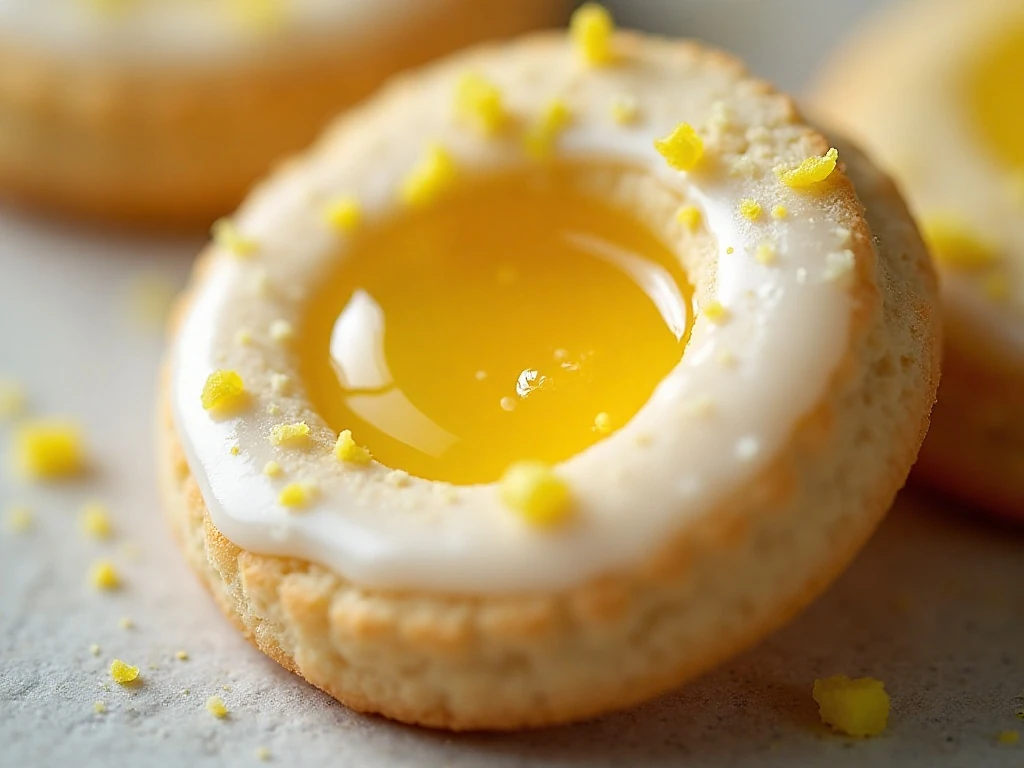 Close-up of citrus curd and zest on a shortbread thumbprint cookie
