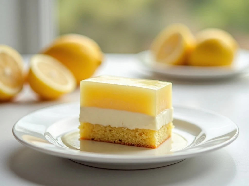 Slice of layered lemon love cake with ricotta and lemon pudding topping