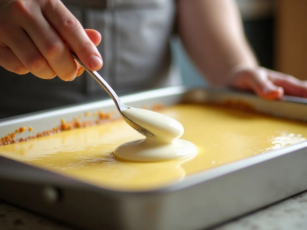 Ricotta mixture spooned over lemon cake batter before baking