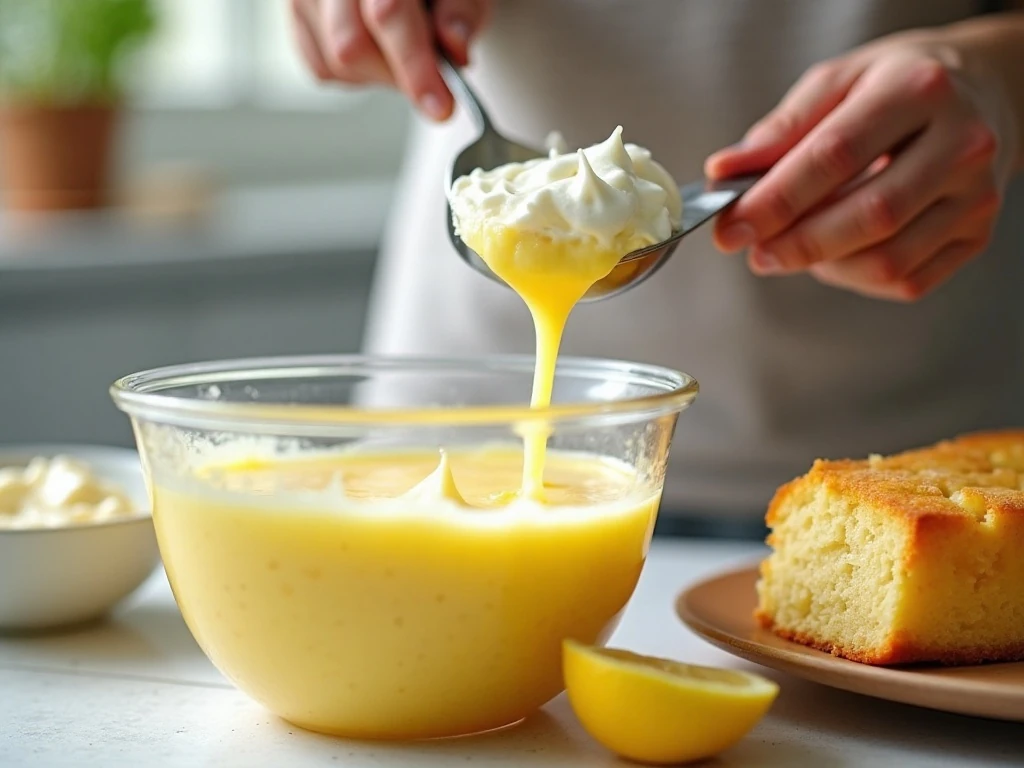 Lemon pudding and whipped topping being combined for cake topping