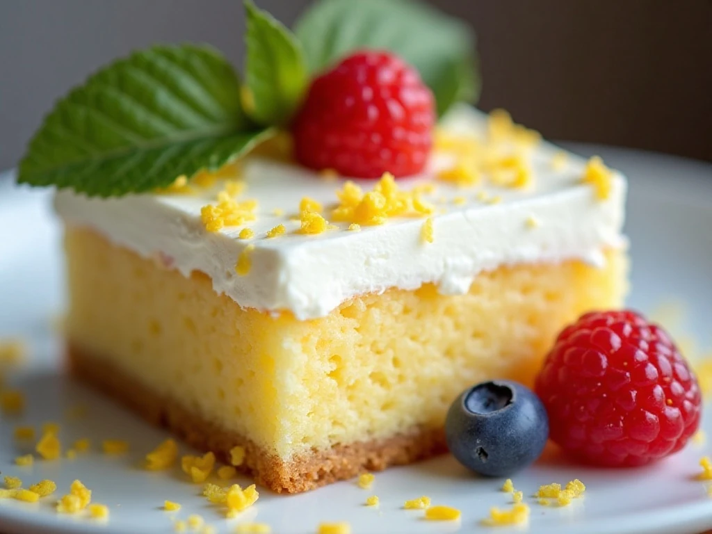 Close-up of lemon love cake garnished with lemon zest and berries