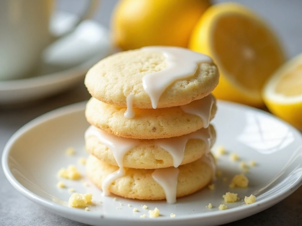 Stack of glazed lemon meltaway cookies on a dessert plate
