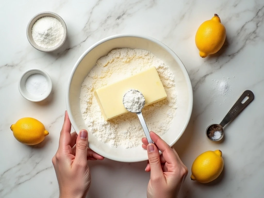 Ingredients for lemon meltaway cookies arranged on a counter