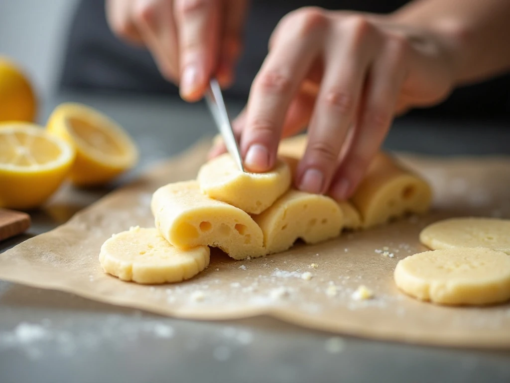 Slicing chilled lemon meltaway cookie dough into rounds