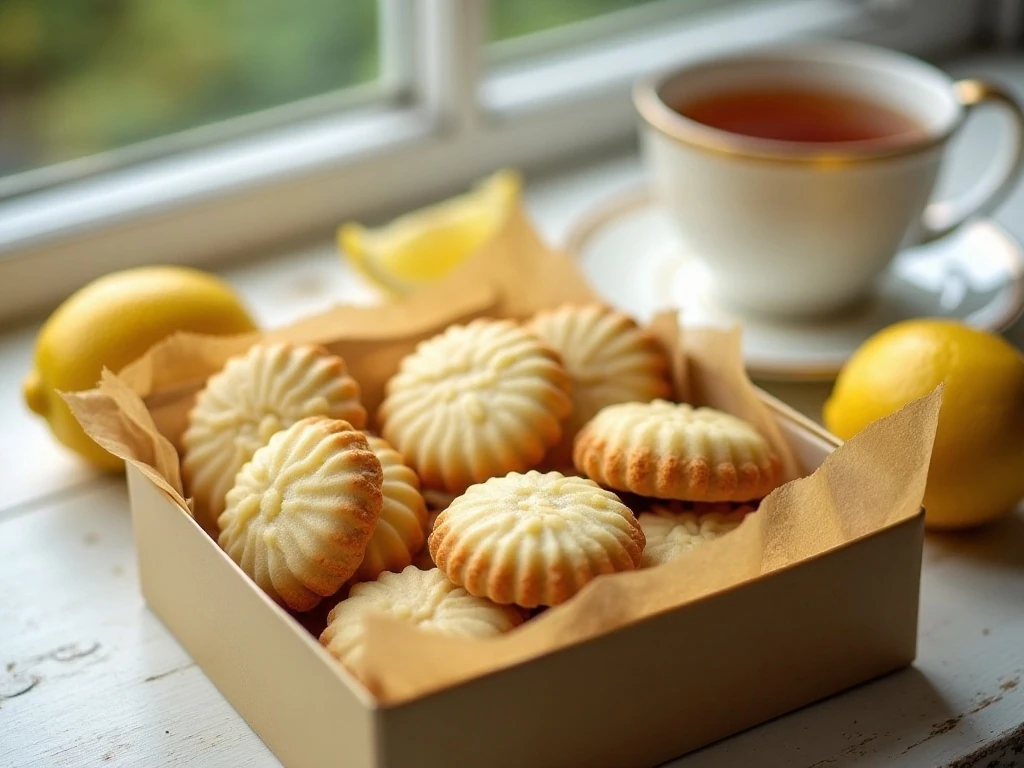 Lemon meltaway cookies stored in a parchment-lined cookie tin