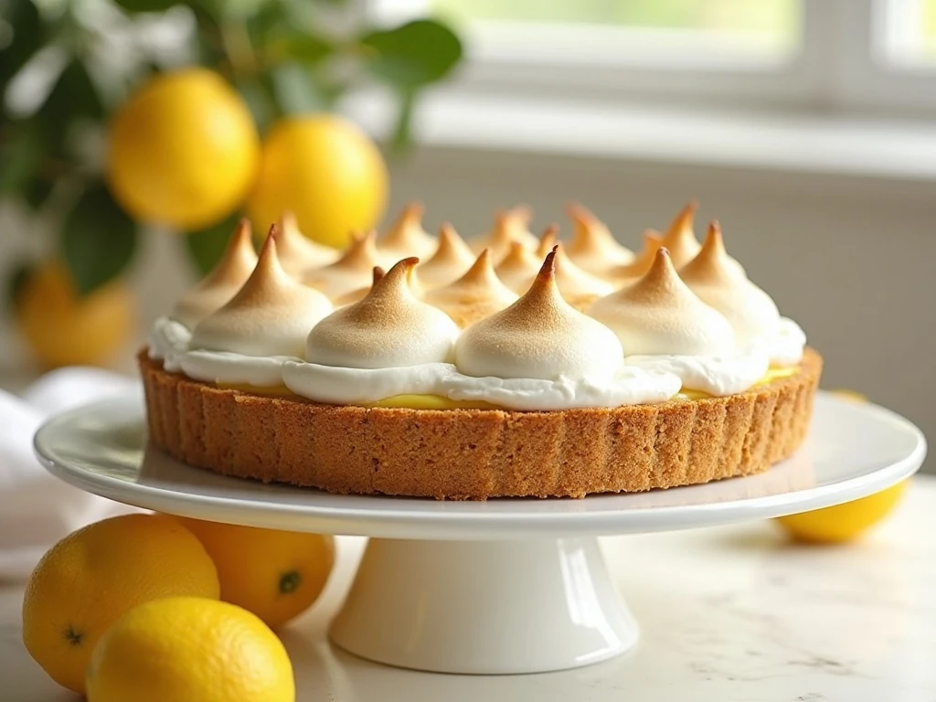 Whole lemon meringue pie with a graham cracker crust