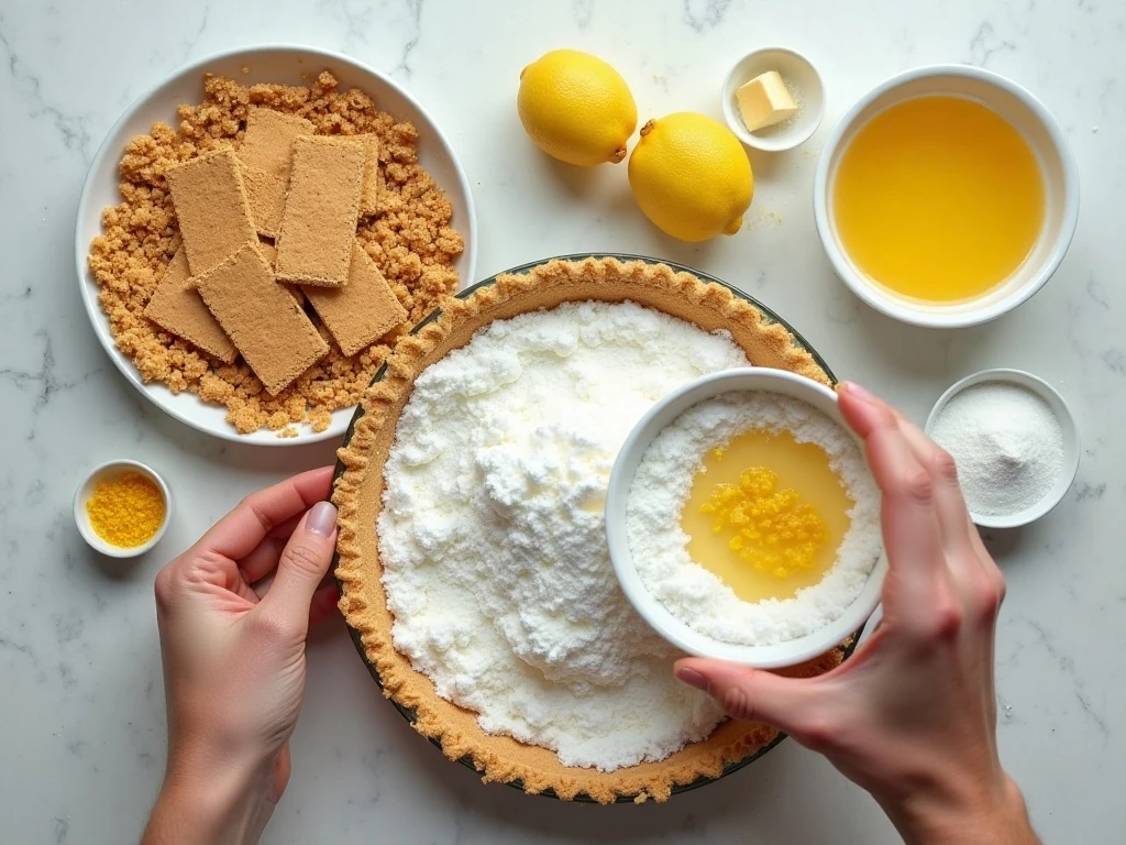 Ingredients for lemon meringue pie with graham cracker crust