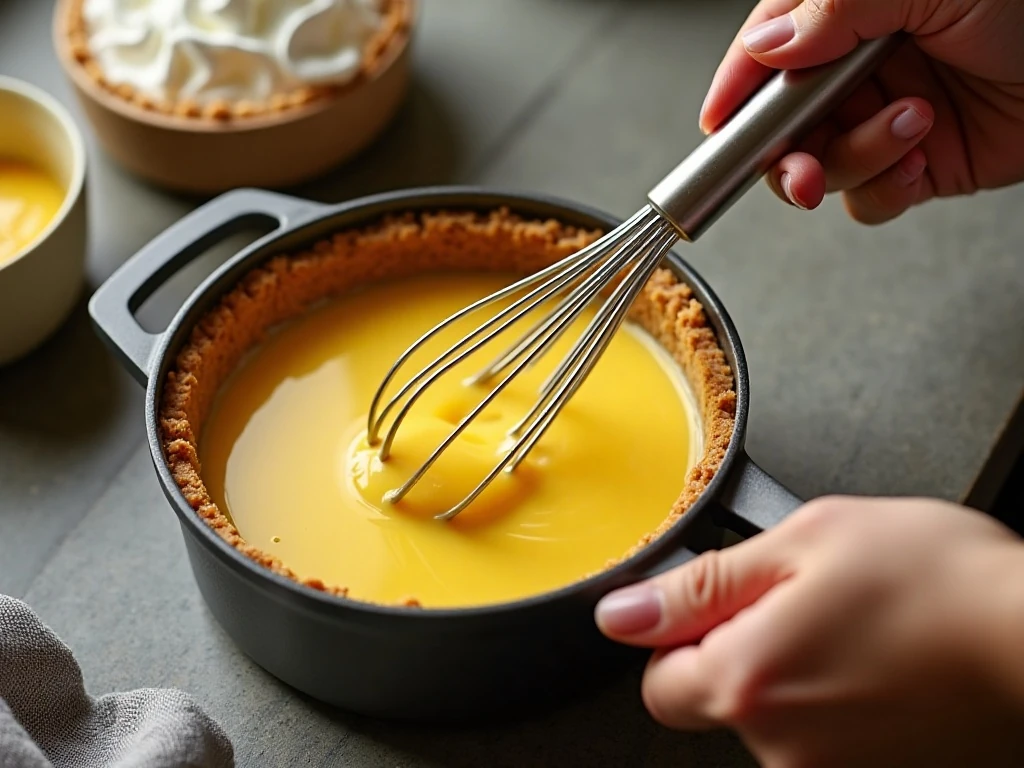 Preparing lemon custard and meringue for the pie