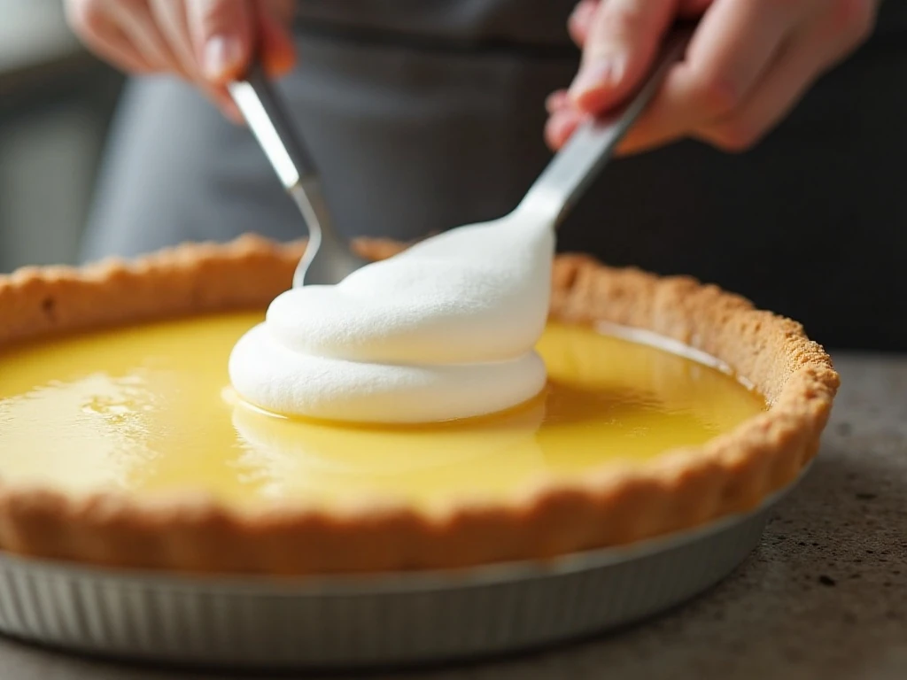Spreading meringue to the edge of lemon pie
