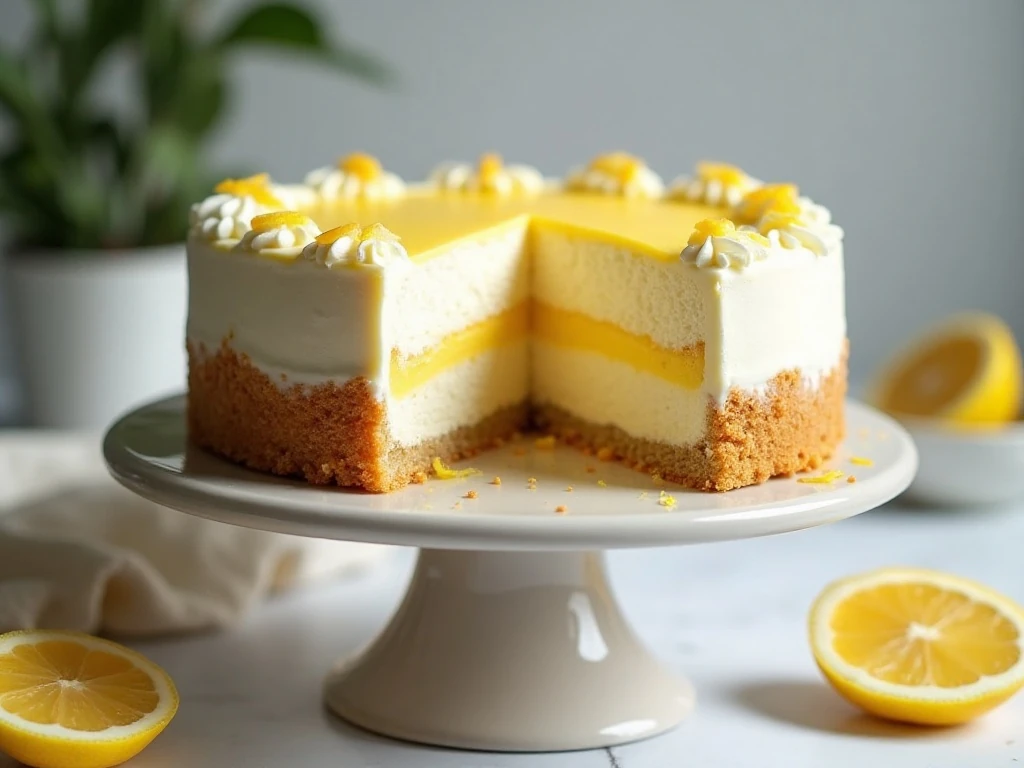 Whole lemon mousse cake with one slice showing the creamy mousse and cookie crust
