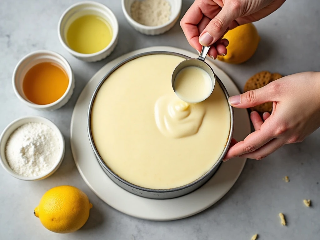 Ingredients for an easy lemon mousse cake arranged on a counter
