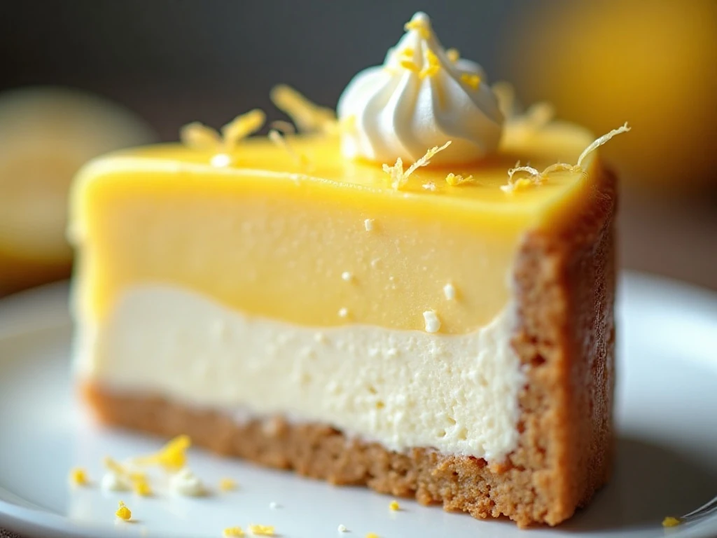 Lemon mousse cake slice with lemon zest and whipped cream garnish