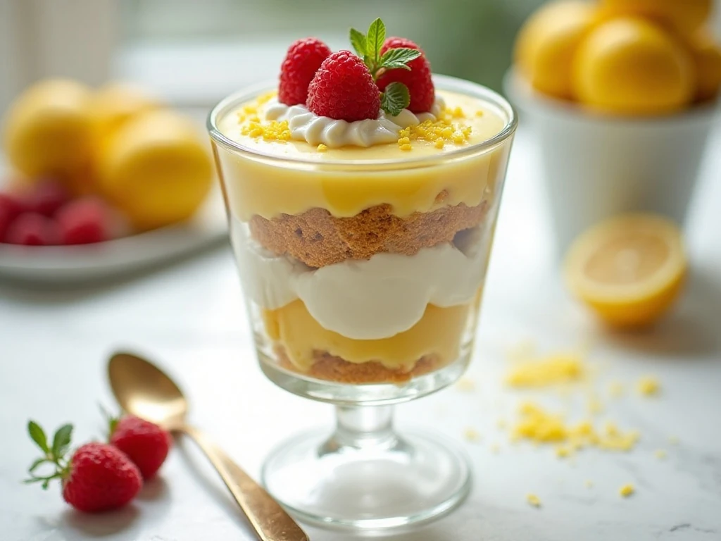 Layered lemon mousse trifle in a clear glass bowl