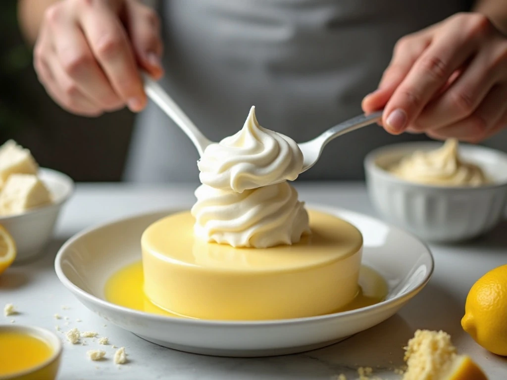Folding whipped topping into lemon mousse