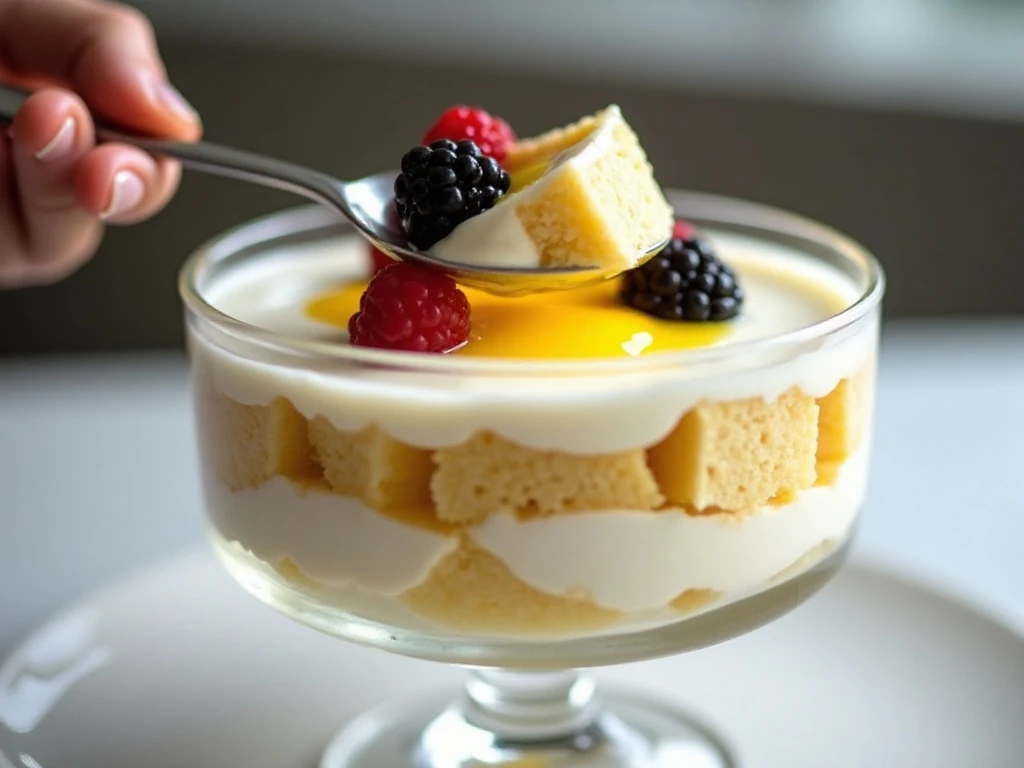 Serving a chilled lemon mousse trifle
