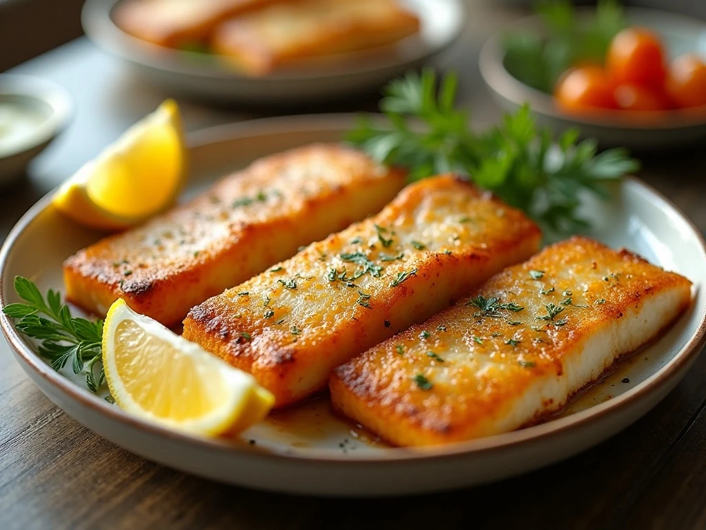 Golden lemon pan-fried fish fillets served with lemon wedges and parsley