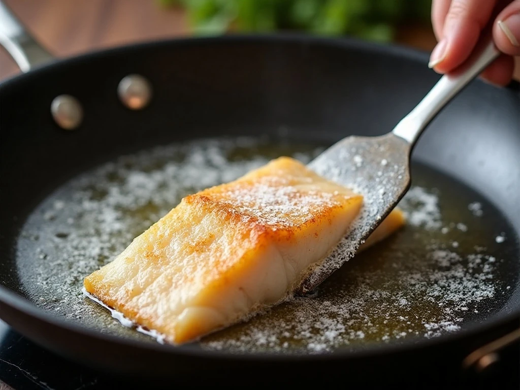 Fish fillet being pan fried in a skillet