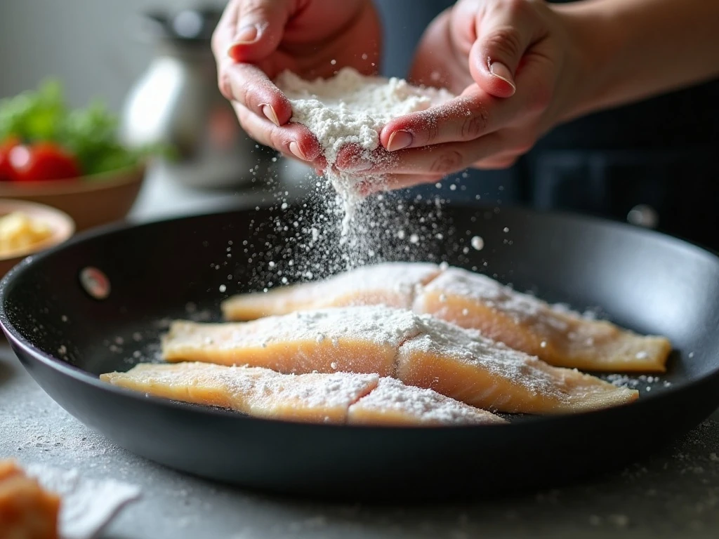 Dry fish fillets being lightly coated in flour