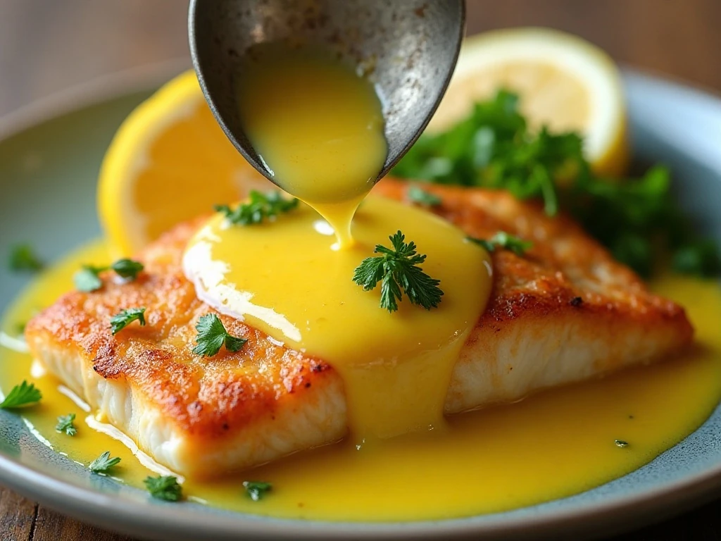 Lemon garlic butter sauce and parsley over pan-fried fish