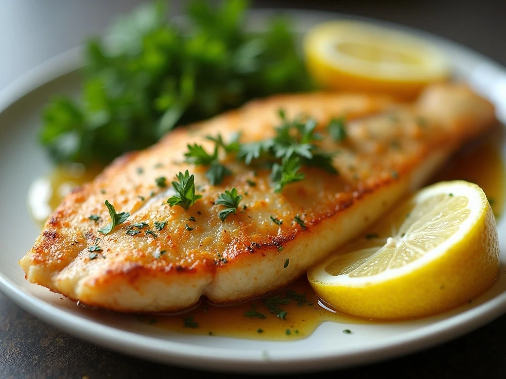 Stored and reheated lemon pan-fried fish served with lemon