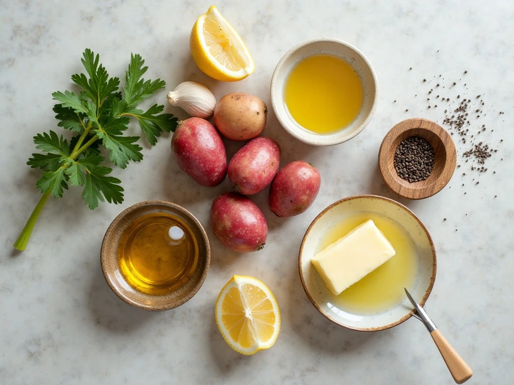 Ingredients for lemon parsley potatoes arranged on a kitchen surface