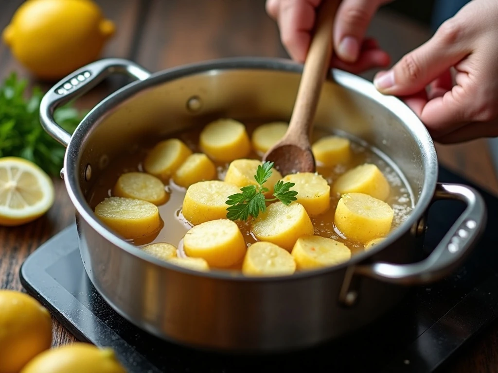Small potatoes simmering in salted water during preparation