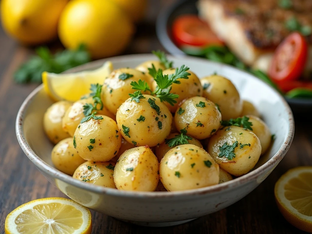 Bowl of finished lemon parsley potatoes served with dinner
