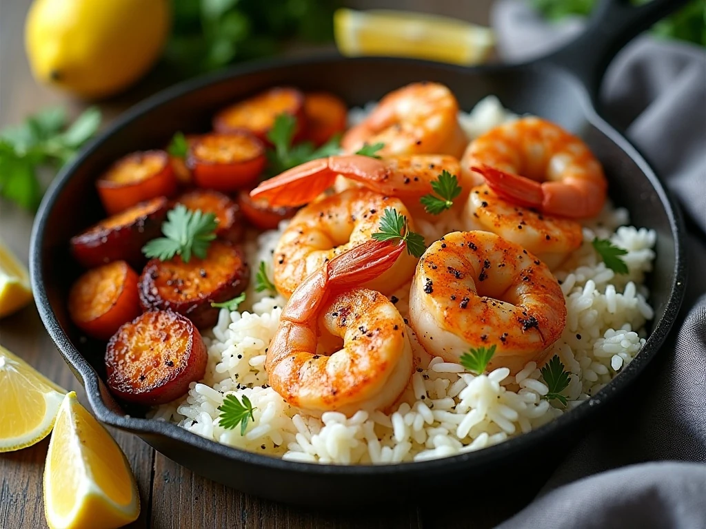 Lemon pepper shrimp served with rice, vegetables, lemon wedges, and parsley