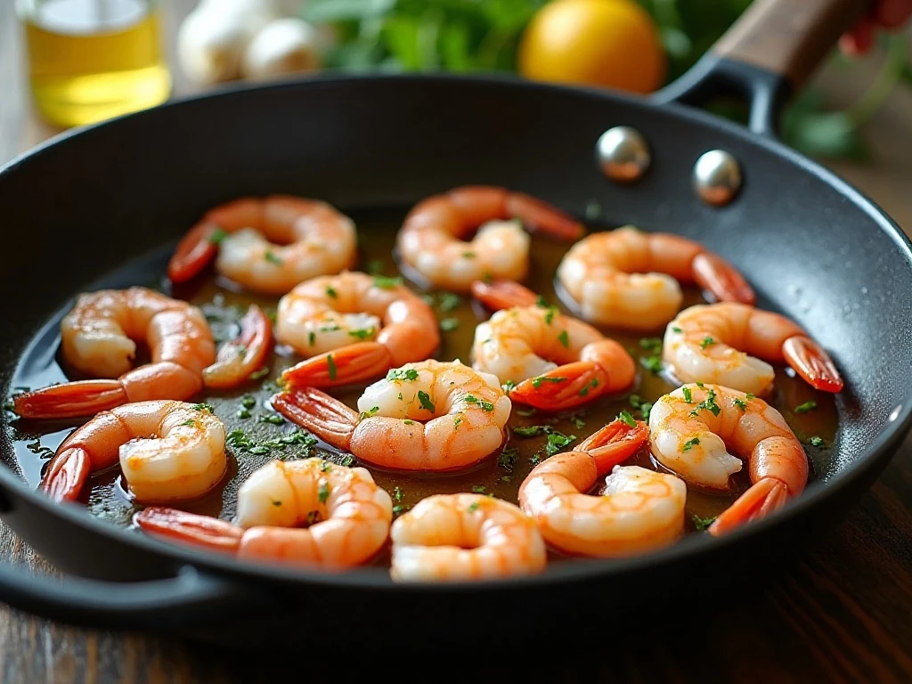 Shrimp cooking in a skillet for lemon pepper shrimp