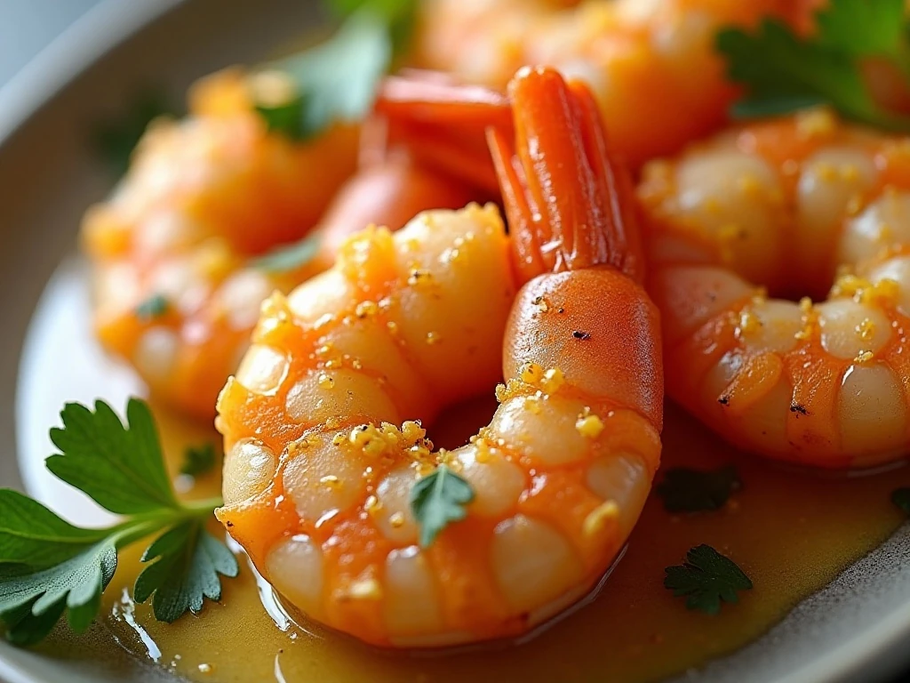 Juicy properly cooked lemon pepper shrimp with garlic butter sauce