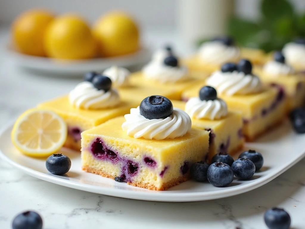Finished lemon poke cake with blueberries arranged on a serving platter