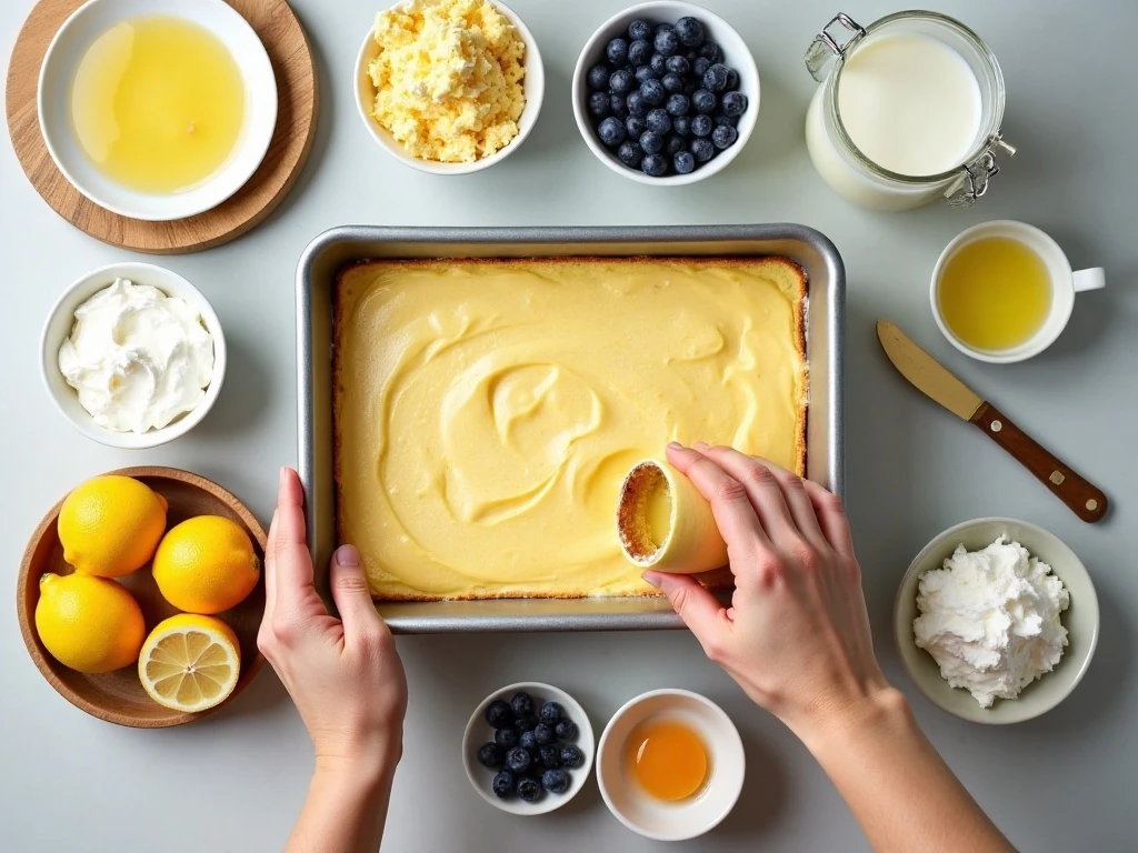 Ingredients for lemon poke cake with blueberries