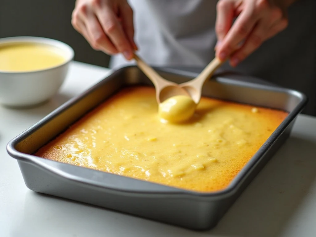 Poking holes in a warm lemon cake for the pudding filling