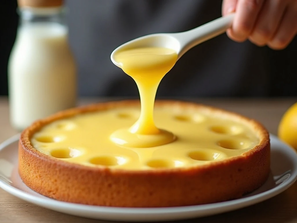 Spreading lemon pudding over a poke cake