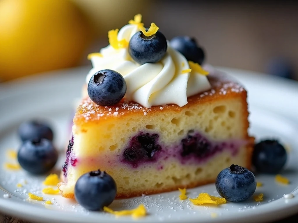 Close-up slice of chilled lemon blueberry poke cake with lemon zest